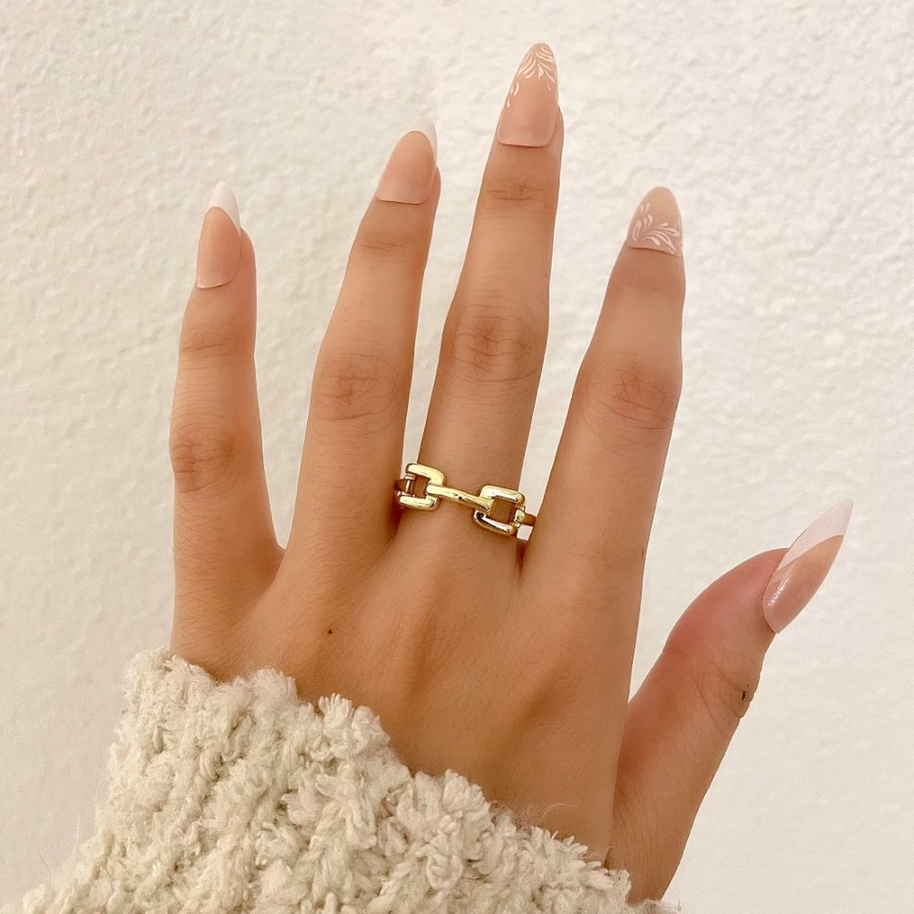925 Sterling Silver Chunky Gold Link Ring Thick Curb Chain Ring Band - Picture 2 of 3
